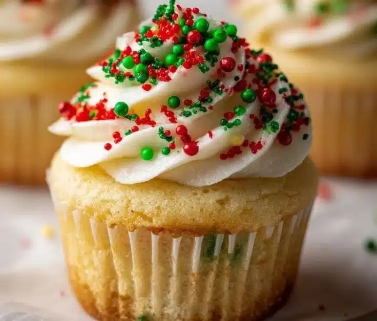 Deliciously decorated Christmas Cupcakes with festive colors and designs.