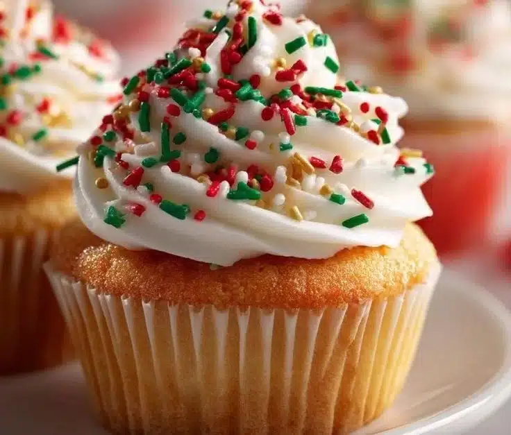Festively decorated Christmas Cupcakes with red and green frosting