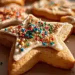Assorted decorated Christmas cut-out cookies on a festive holiday plate.