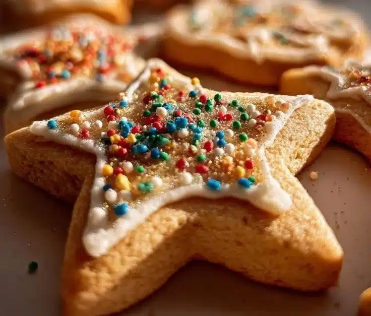 Assorted decorated Christmas cut-out cookies on a festive holiday plate.