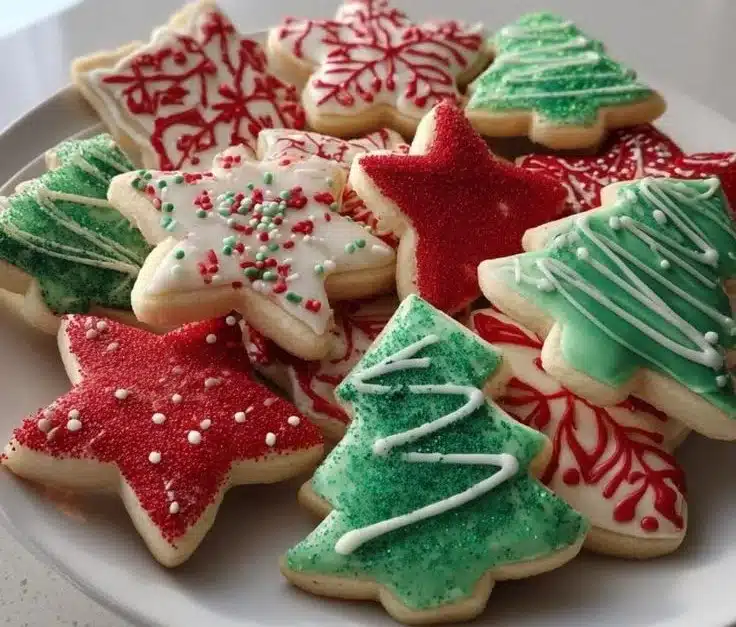 Delicious Christmas cutout cookies decorated for the holidays