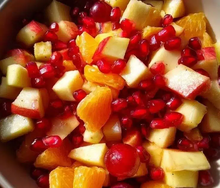Colorful Christmas fruit salad with assorted fresh fruits for festive gatherings.