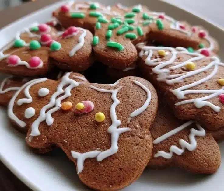 Decorated Christmas gingerbread cookies on a festive table
