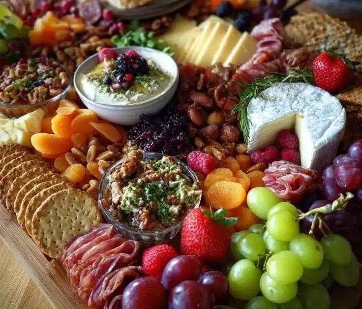 A beautifully arranged Christmas grazing board with festive treats and decorations.