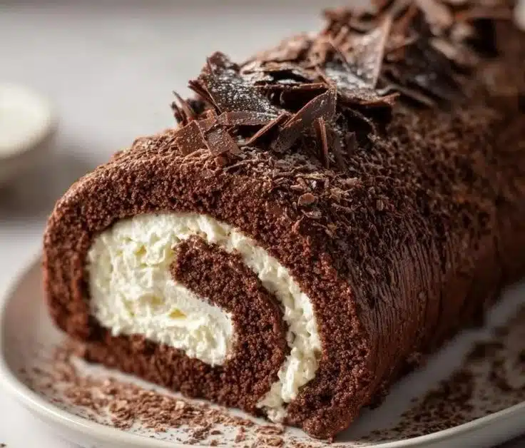 Delicious Christmas Log Cake decorated with festive toppings