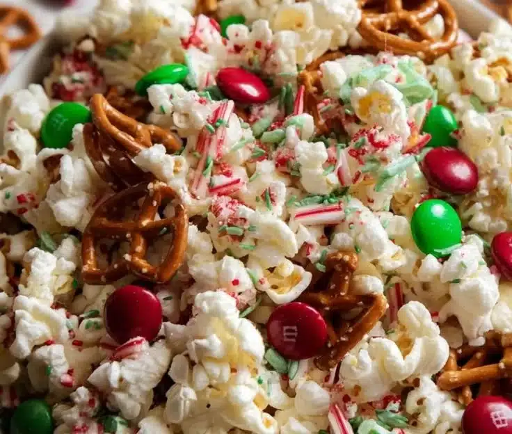 Festive Christmas popcorn in a bowl, ideal for holiday celebrations.
