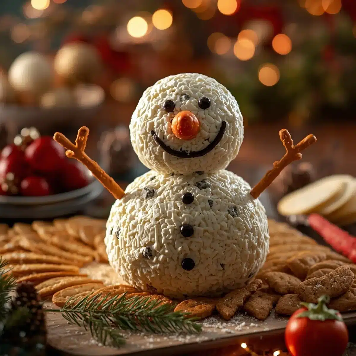 Christmas Snowman Cheese Ball decorated with festive toppings