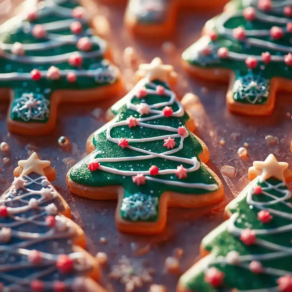 Festively decorated Christmas Tree Cookies on a holiday platter