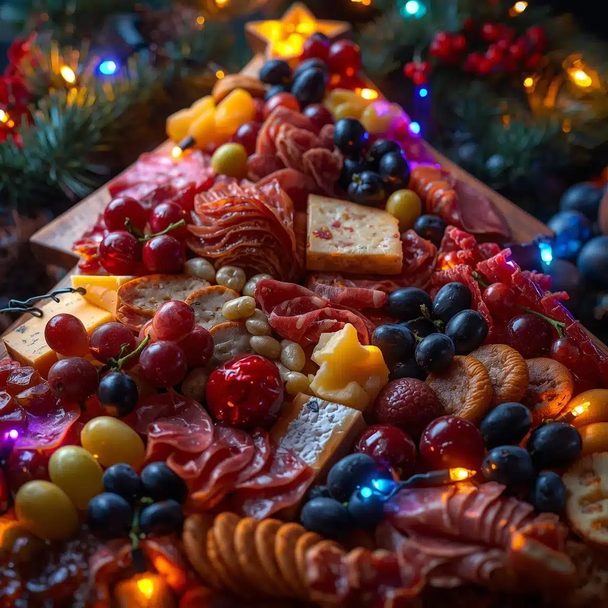 Christmas Tree Shaped Charcuterie Board adorned with festive snacks and cheese.