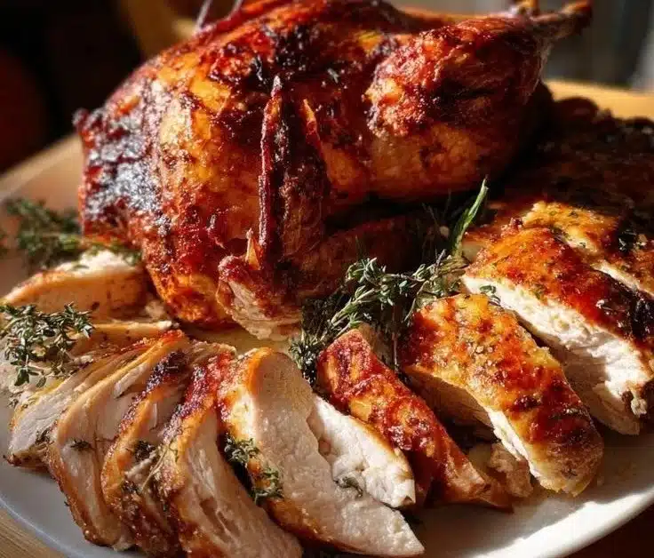 Deliciously roasted Christmas Turkey presented on a festive dining table.