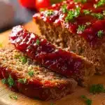 Delicious classic meatloaf recipe served with mashed potatoes and green beans.