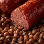 Cotechino served with a side of lentils, a traditional Italian dish.
