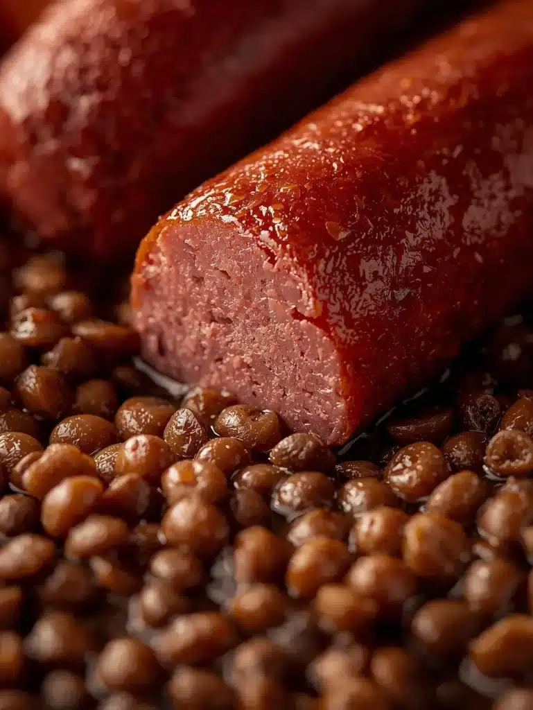 Cotechino served with a side of lentils, a traditional Italian dish.