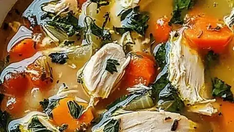 Bowl of cozy Tuscan-style chicken soup garnished with herbs and vegetables