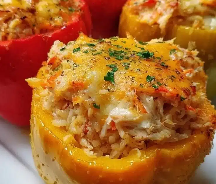 Crab and shrimp stuffed bell peppers served on a plate, garnished and ready to eat.