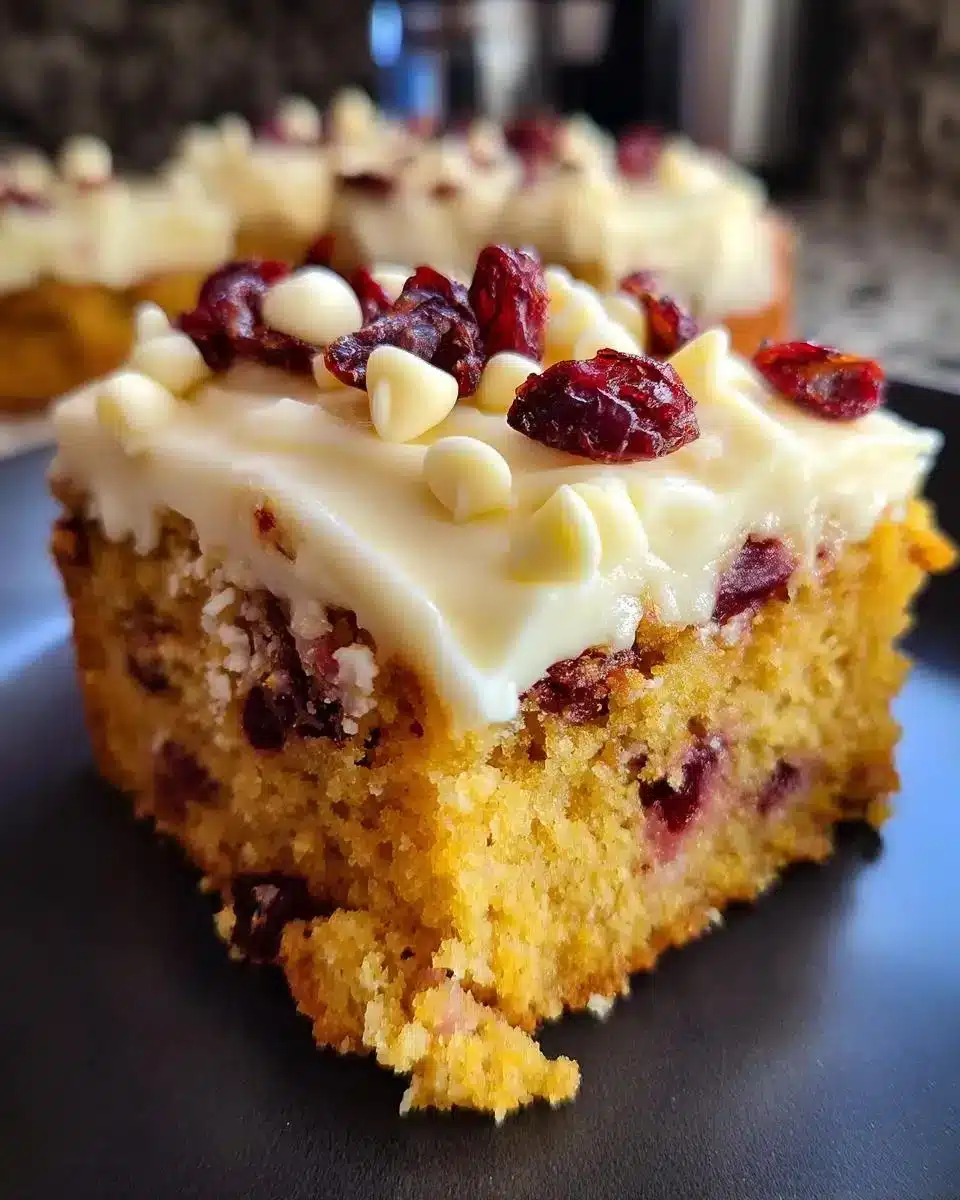 Delicious cranberry bliss bars topped with cream cheese frosting and cranberries