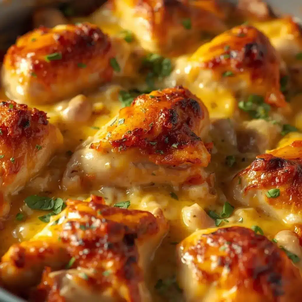 Delicious cream cheese chicken bake with herbs and spices in a casserole dish.