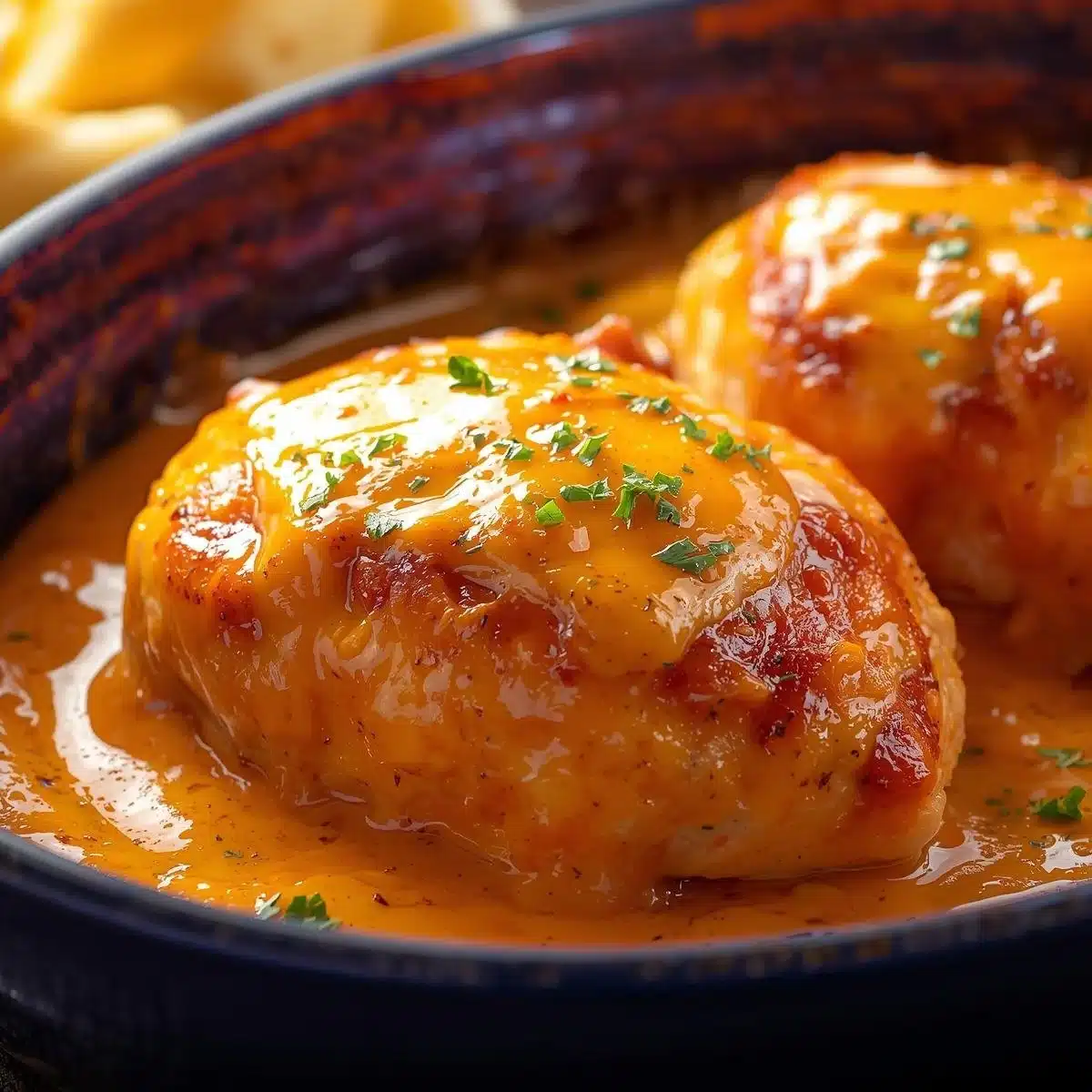 Cream Cheese Chicken Bake deliciously topped with creamy sauce and herbs