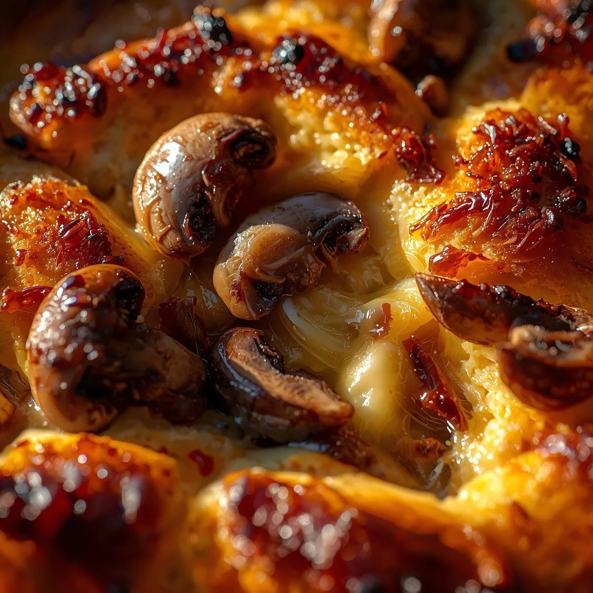 Creamy bread pudding with mushrooms and Gruyère cheese in a baked dish