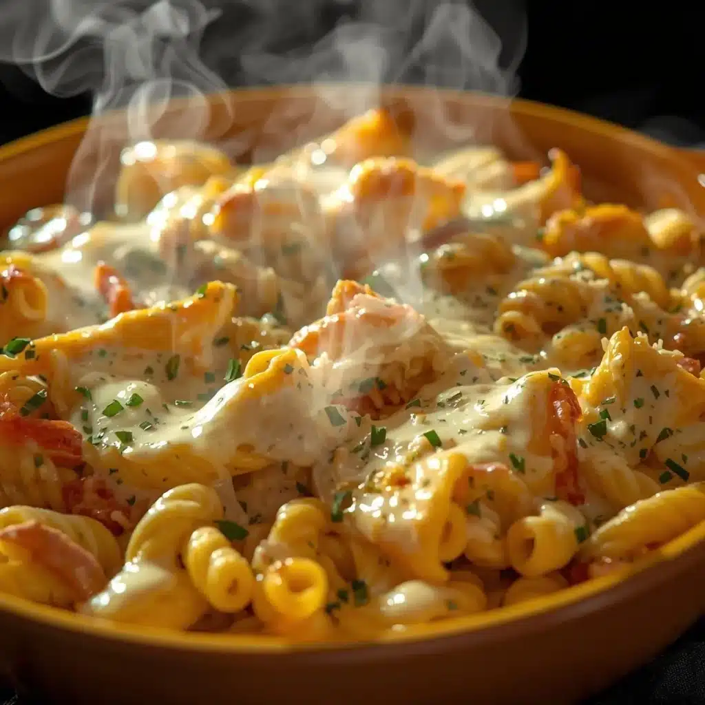 Creamy Cottage Cheese Alfredo Pasta Bake topped with herbs and cheese