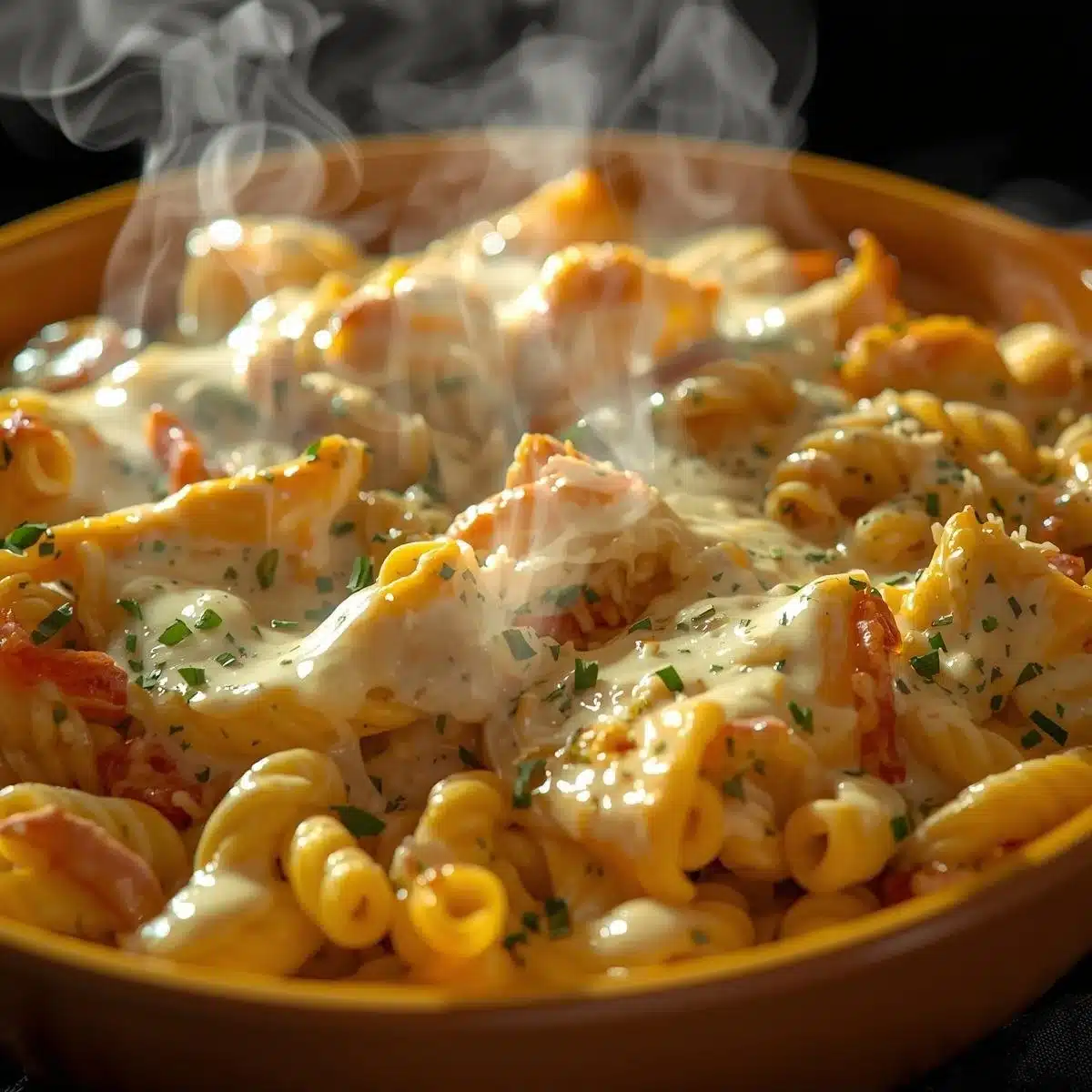 Creamy Cottage Cheese Alfredo Pasta Bake topped with herbs and cheese