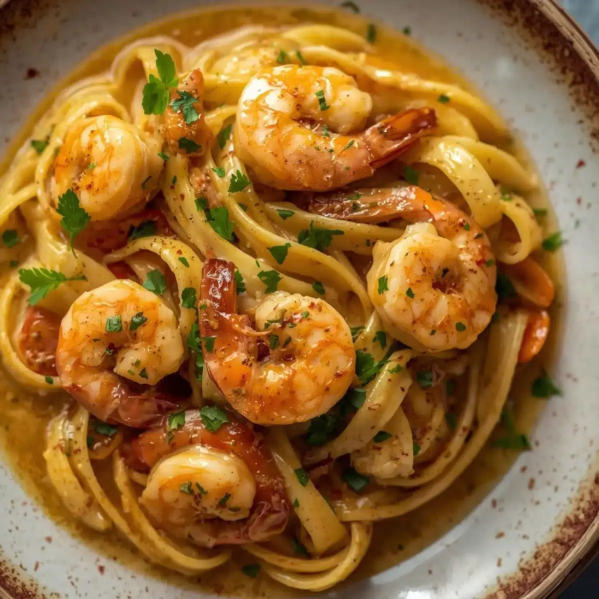 Delicious creamy Jamaican shrimp pasta served in a bowl with herbs and spices