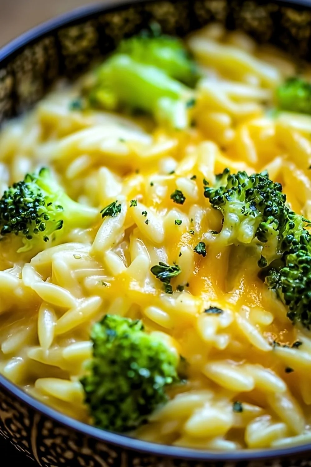 Creamy one-pot broccoli cheddar orzo served in a bowl