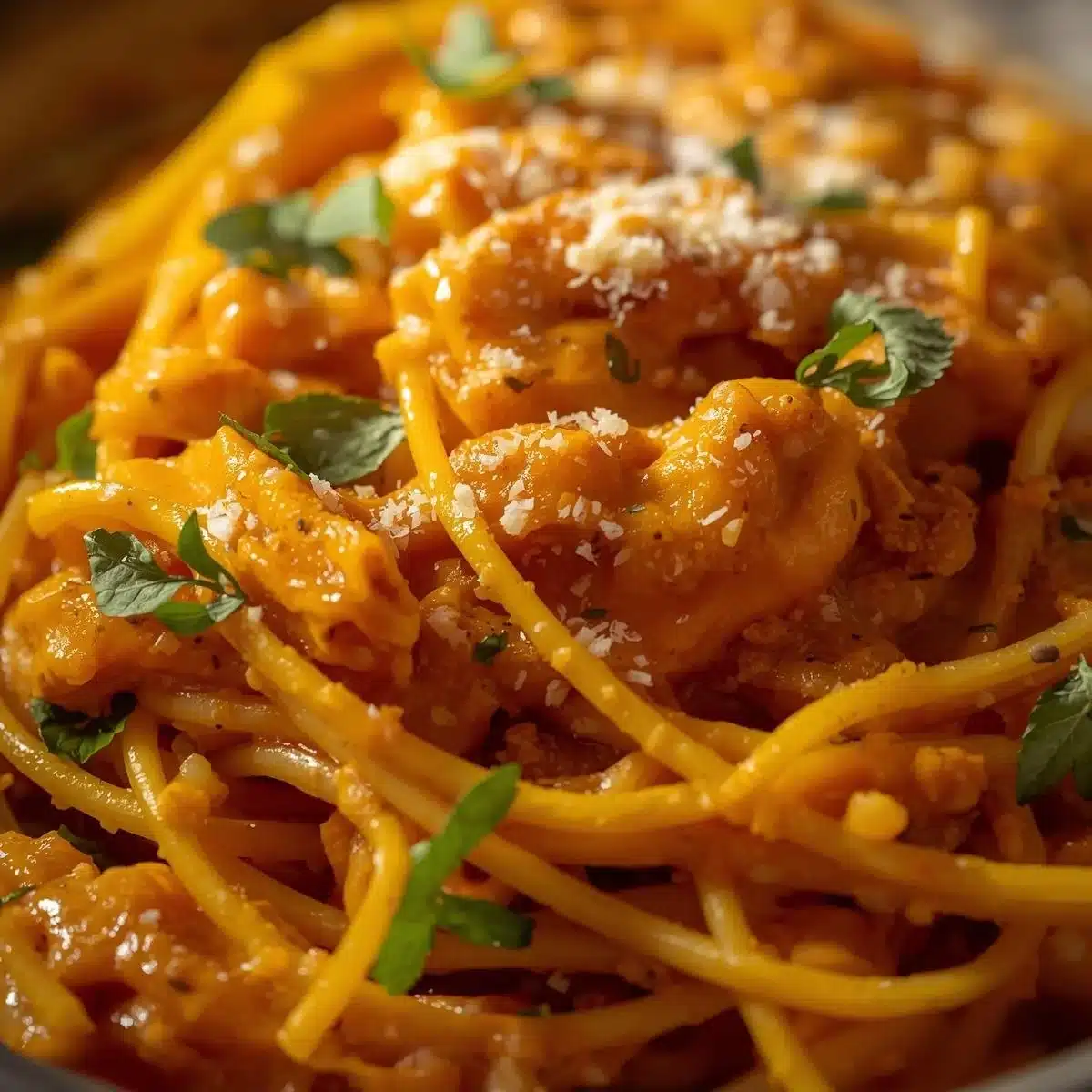 Delicious creamy pumpkin pasta served in a bowl with herbs