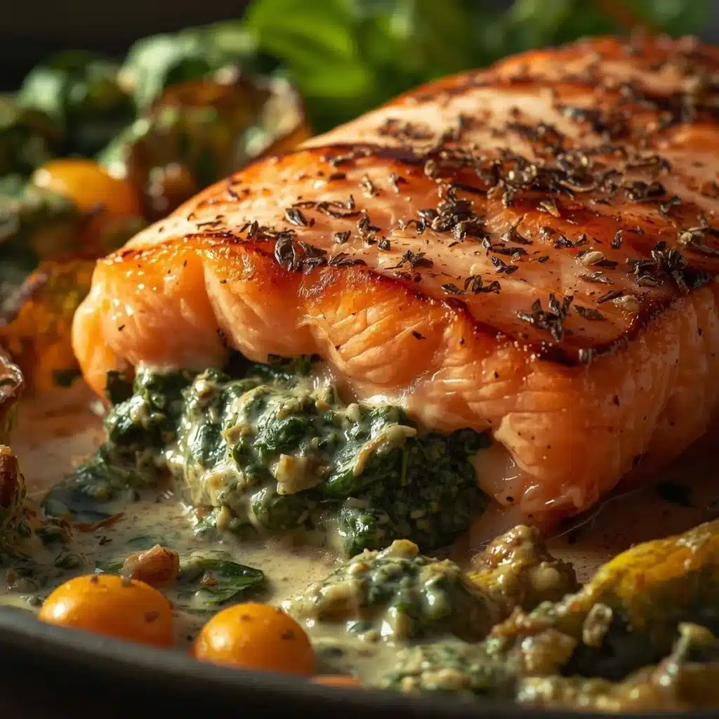 Creamy spinach stuffed salmon served on a plate with lemon slices and herbs.