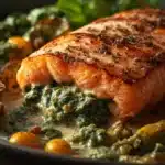 Creamy spinach stuffed salmon served on a plate with lemon slices and herbs.