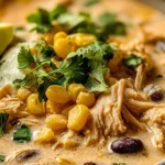 Delicious creamy white chicken chili with cream cheese served in a bowl