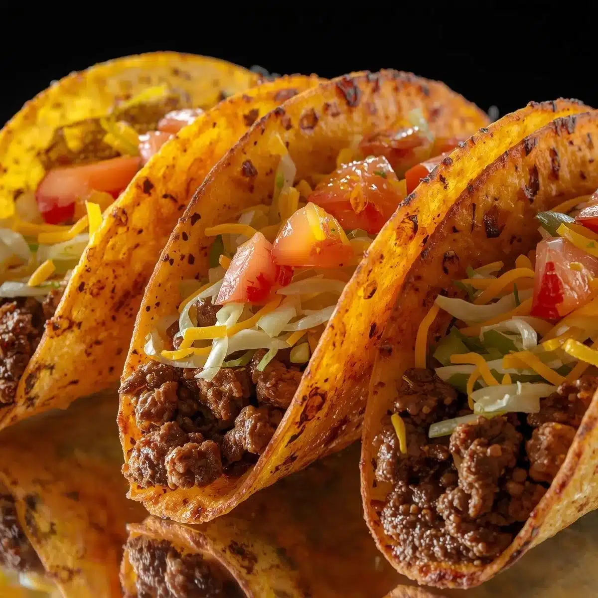 Delicious crispy beef tacos topped with fresh ingredients and herbs