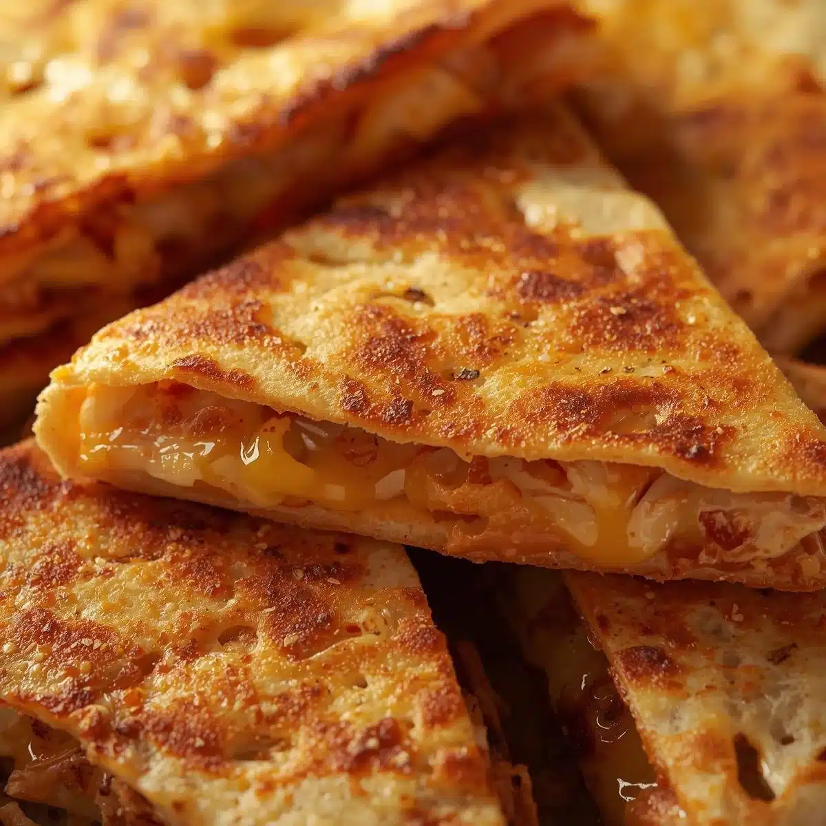 Delicious crispy chicken quesadillas with melted cheese and toppings