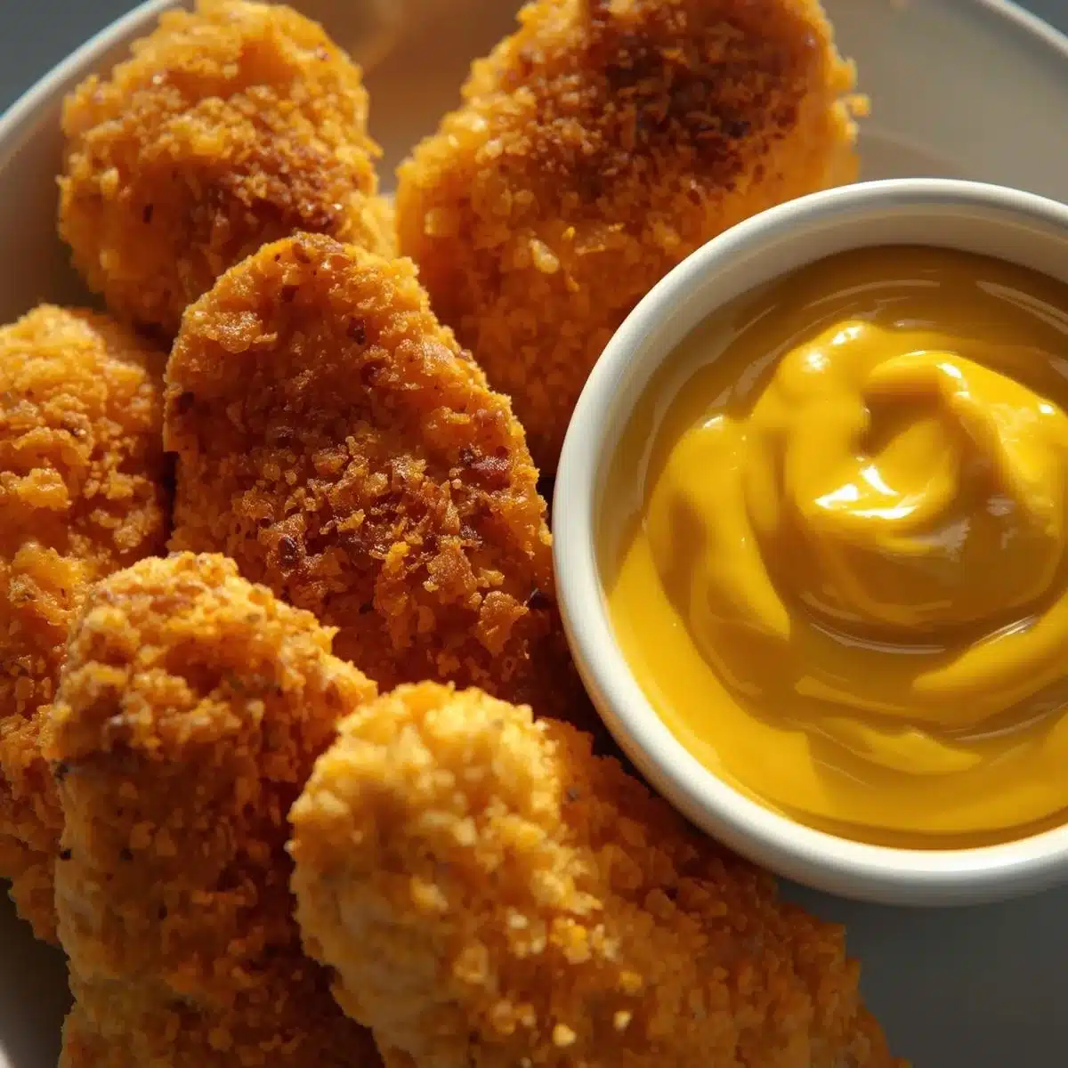 Crispy chicken tenders served with honey mustard dip for a delightful snack