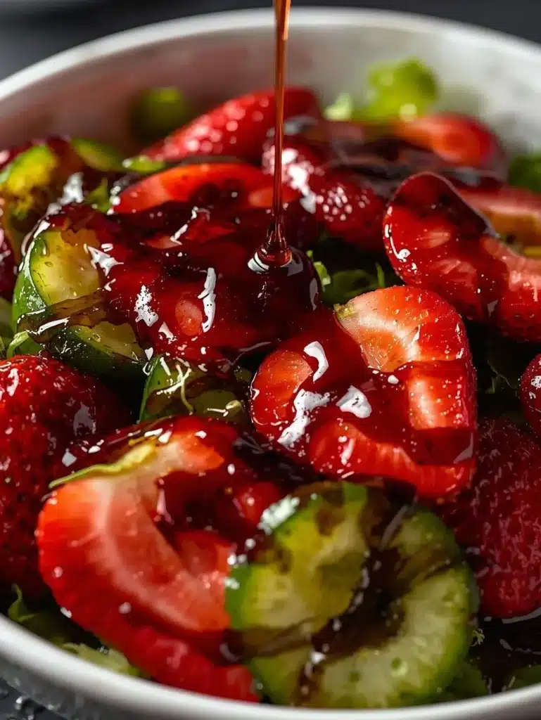 Cucumber Strawberry Salad drizzled with Balsamic Glaze on a plate