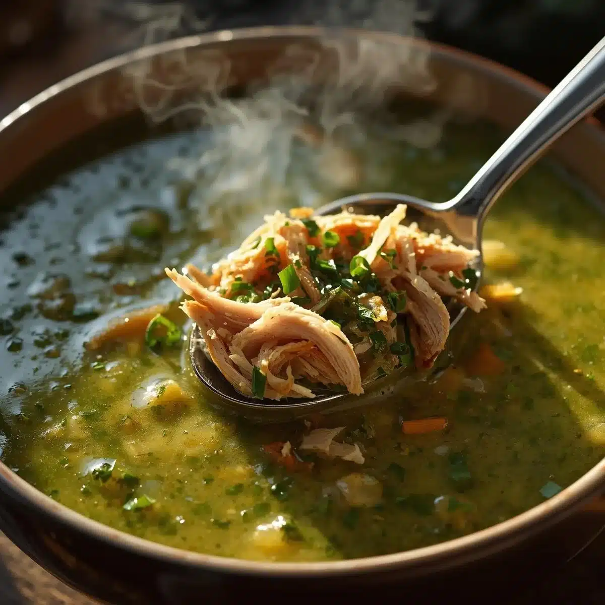 Dairy-Free Slow Cooker Green Enchilada Chicken Soup in a bowl