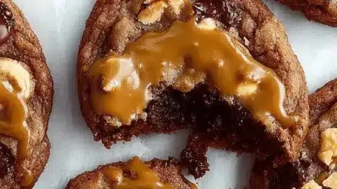 Delicious chocolate turtle cookies topped with caramel and pecans.