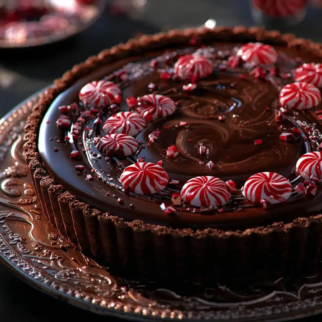 Decadent dark chocolate peppermint mousse tart with festive holiday decoration