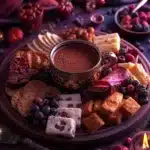 Decadent hot chocolate charcuterie board with various toppings and treats.