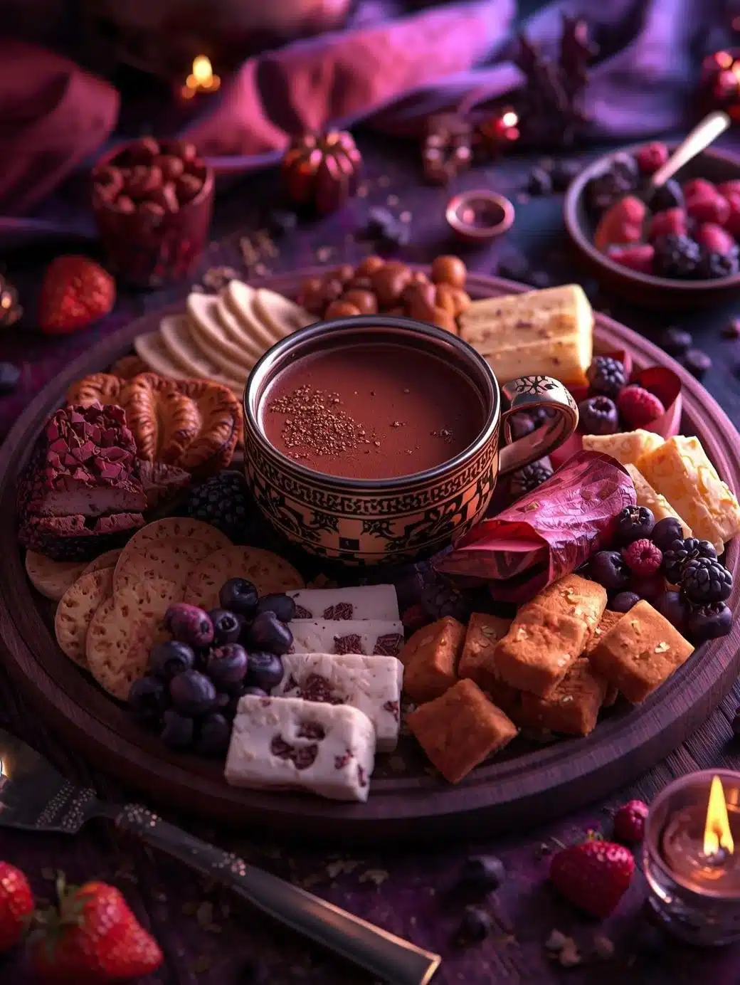 Decadent hot chocolate charcuterie board with various toppings and treats.