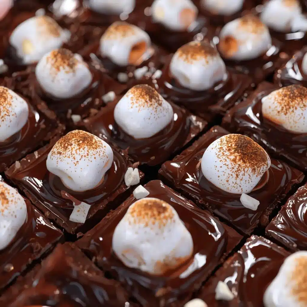 Decadent hot chocolate fudge topped with marshmallows in a warm serving bowl.