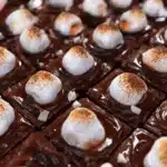 Decadent hot chocolate fudge topped with marshmallows in a warm serving bowl.