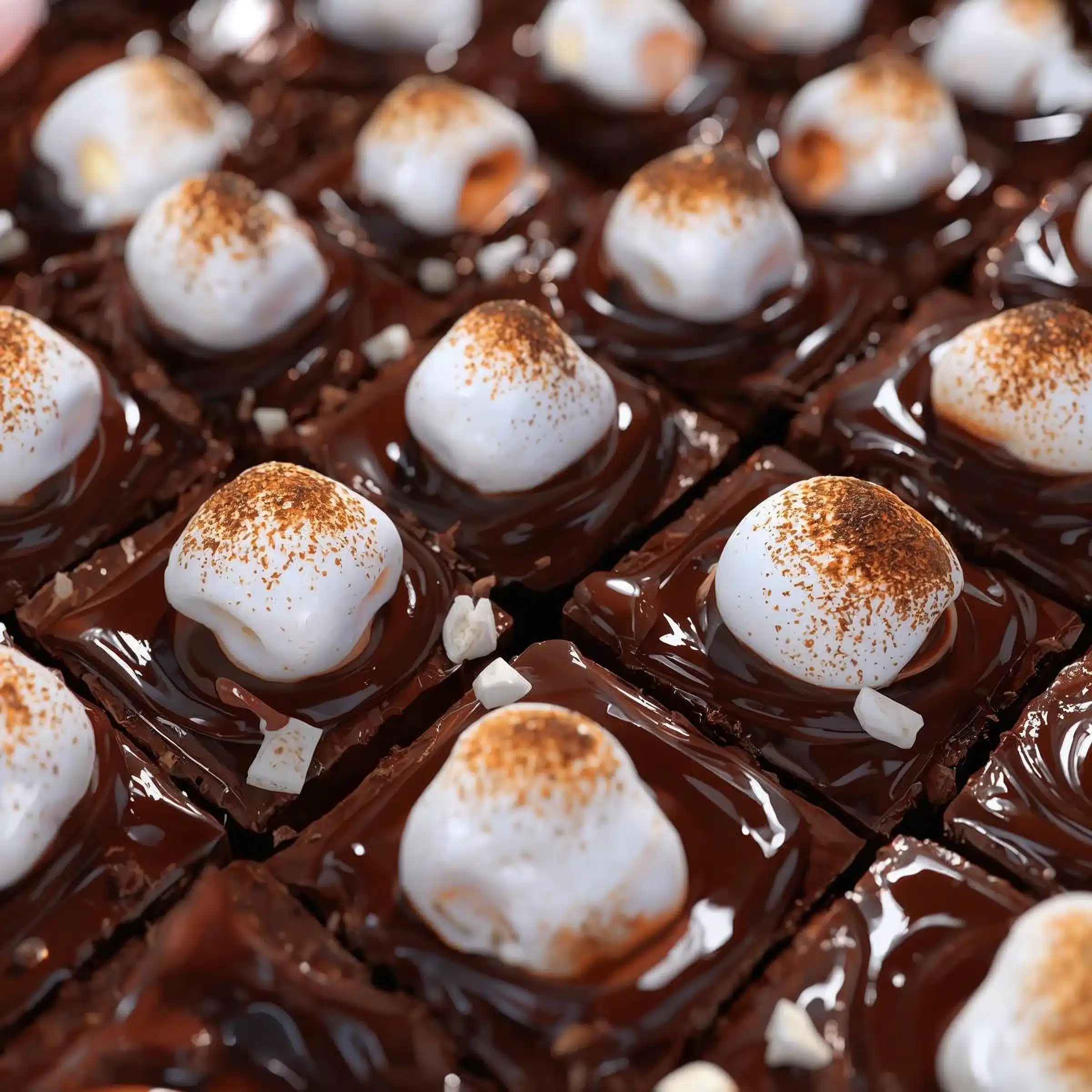 Decadent hot chocolate fudge topped with marshmallows in a warm serving bowl.