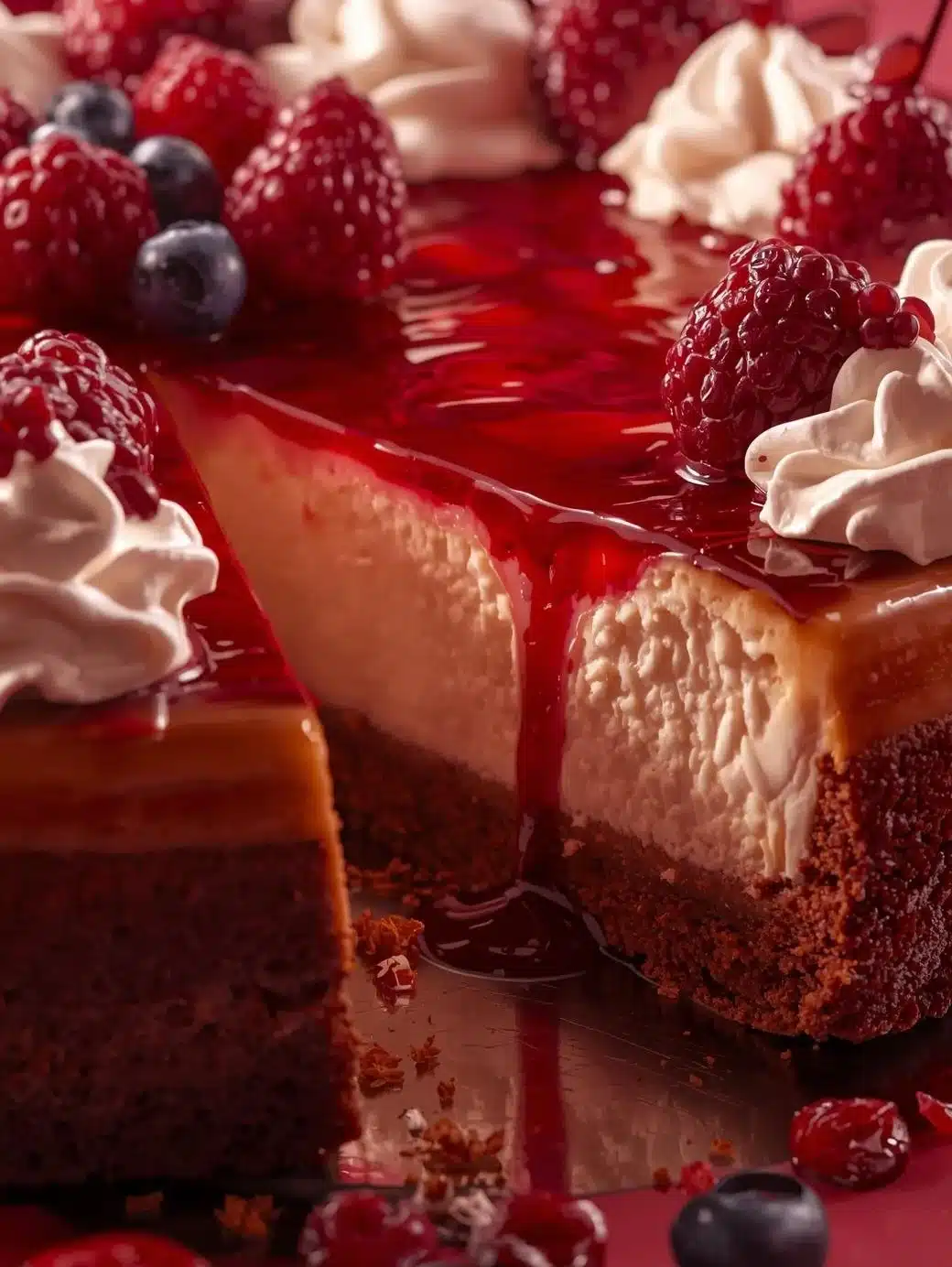 Decadent Millionaire’s Cheesecake served on a plate with a slice cut out