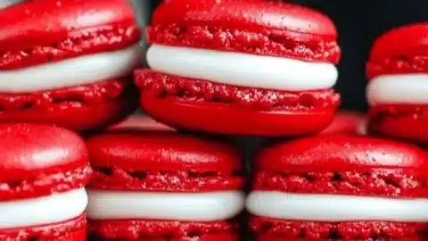 Decadent red velvet macarons with creamy frosting on a decorative plate