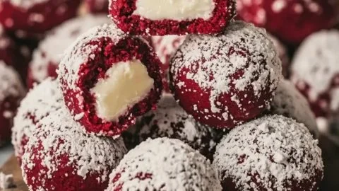 Decadent red velvet snowball cookies with white chocolate filling on a plate.