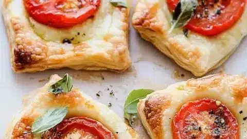 Delicious baked tomato tarts topped with herbs and cheese on puff pastry