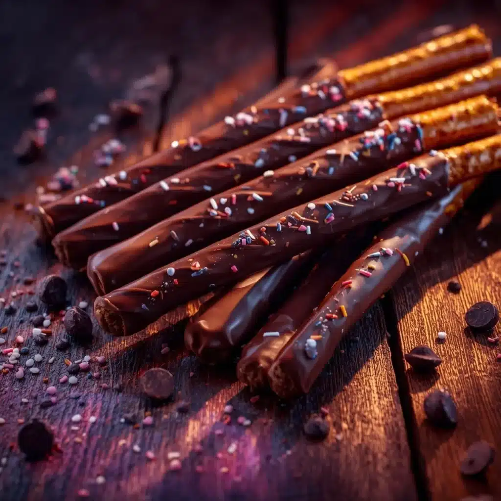 Delicious chocolate covered pretzel rods for sweet snacking