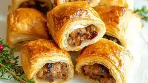 Golden brown Christmas sausage rolls on a festive table setting