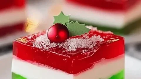 Colorful layered jello dessert for Christmas celebration